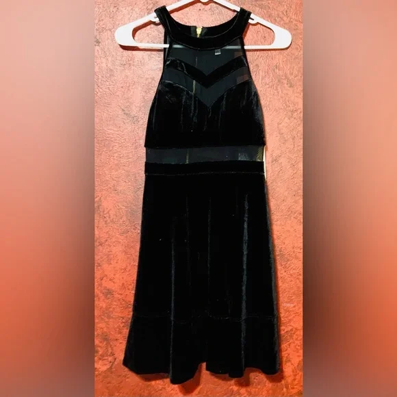 Honey and Rosie Velvet High Neck Illusion Waist Fit and Flare Dress, Womens, Juniors, L, Black